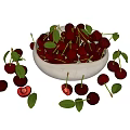 Fresh Ripe Cherries in Ceramic Bowl with Green Leaves and Scattered Berries