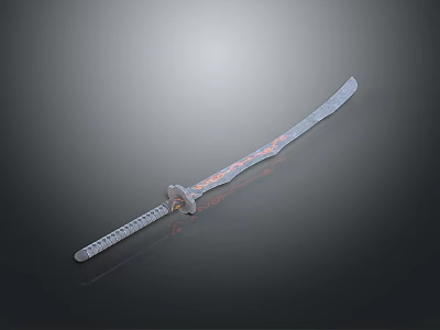 Silver Long Sword With Red Flame Patterns And Textured Hilt On Dark Background 3d model