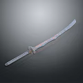Silver Long Sword With Red Flame Patterns And Textured Hilt On Dark Background