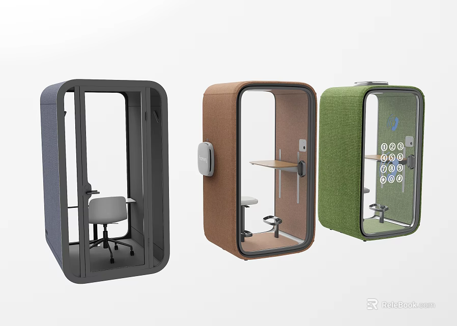 Three Colored Soundproof Office Pods With Desk And Chair Setup 3d model 