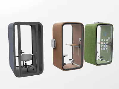 Three Colored Soundproof Office Pods With Desk And Chair Setup 3d model