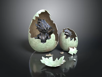 Hatching Baby Creatures Emerging From Broken Green Eggshells With Scattered Fragments 3d model