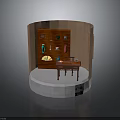 Traditional Chinese Display Scene With Wooden Cabinet Vases Tea Sets And Small Table
