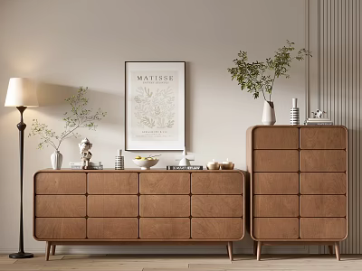 Modern Wooden Console And Side Cabinets With Floor Lamp Green Plant And Decorative Painting 3d model