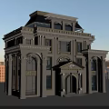 Elegant European Style Detached Villa with White Exterior Blue Roof Classic Columns in Urban Background