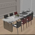 Modern Dining Table And Chair Set With Marble Top Red Black Chairs And Fruit Decoration