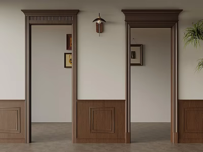 Wooden Door Frames With Wainscoting Wall Lamp Framed Art And Green Plant 3d model
