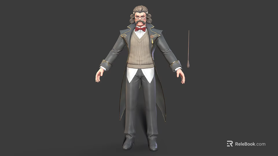 Elegant Vintage Male Character With Curly Hair Beard Bow Tie Long Coat And Baton 3d model 