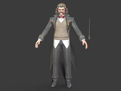 Elegant Vintage Male Character With Curly Hair Beard Bow Tie Long Coat And Baton 3d model