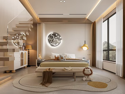 Kids Room Interior With Bed Stuffed Lion Toy Round Rug And Moon Star Decorative Light 3d model