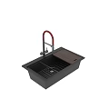 Black Double Bowl Kitchen Sink Featuring Red Faucet Wooden Cutting Board And Metal Drying Rack