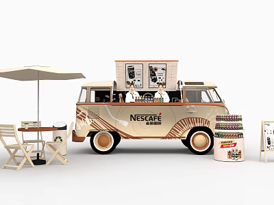 Nescafe Coffee Food Truck With Outdoor Seating And Beverage Display Setup 3d model