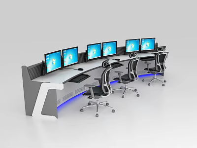 Modern Long Office Desk With Multiple Computer Monitors Arranged And Office Chairs 3d model