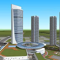 Modern Commercial Street With Tall Buildings Geometric Facades And Pedestrian Bridge