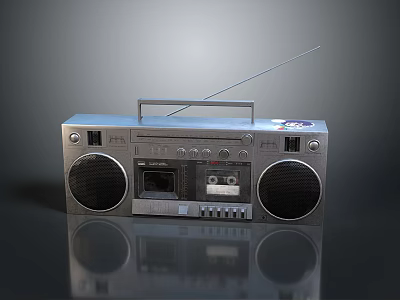 Vintage Silver Boombox With Cassette Player Speakers Antenna And Metal Design 3d model