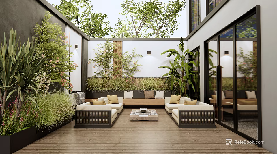 Courtyard Garden Outdoor Lounge Area With Wooden Flooring Comfortable Sofas Yellow Cushions And Green Plants 3d model 