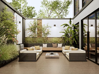 Courtyard Garden Outdoor Lounge Area With Wooden Flooring Comfortable Sofas Yellow Cushions And Green Plants 3d model
