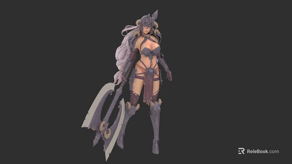 Fantasy Warrior Woman in Intricate Armor with Large Weapon and Ornate Headpiece Design 3d model 