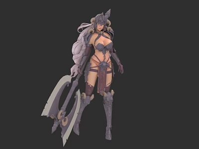 Fantasy Warrior Woman in Intricate Armor with Large Weapon and Ornate Headpiece Design 3d model