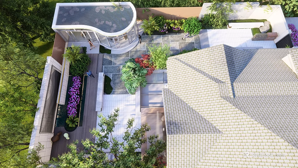 Rockery Stones In Modern Garden Landscape With Lush Plants And Pathways 3d model 