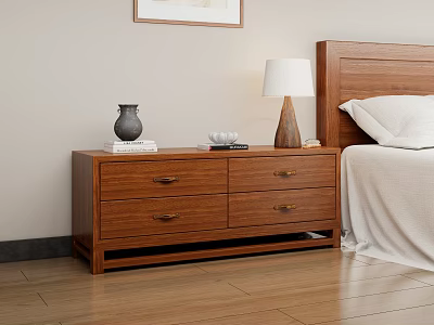 Solid Wood Bedroom Nightstand With Two Drawers Black Vase Table Lamp And Books 3d model