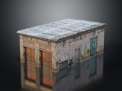 Aged Brick Building Featuring Rusted Metal Roof Wooden Doors And Moss Stained Walls 3d model
