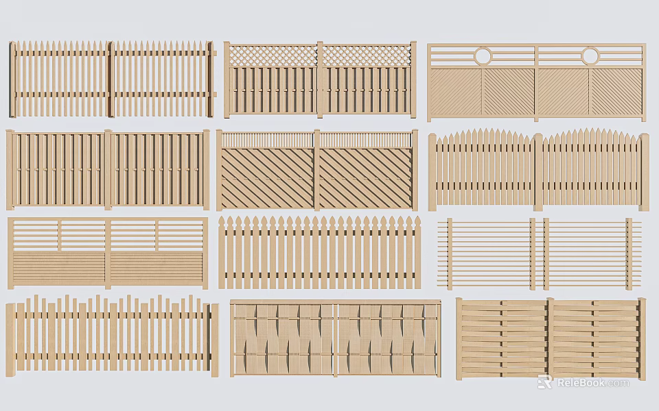 Various Wooden Fence Designs With Different Patterns And Styles For Outdoor Use 3d model 