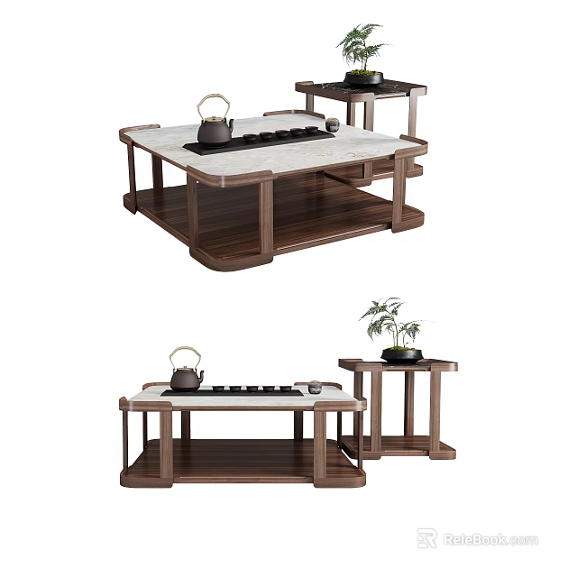 Modern Wooden Frame Coffee Table With Marble Top And Side Table Tea Set Decor 3d model
