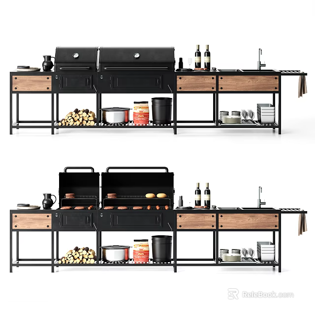 Outdoor Barbecue Setup With Grill Firewood Spices Bottles And Utensils 3d model 