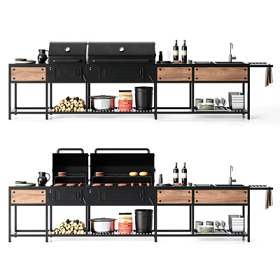 Outdoor Barbecue Setup With Grill Firewood Spices Bottles And Utensils 3d model