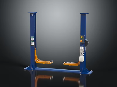 Two Post Car Lift With Blue Frame Orange Arms And Control Panel For Automotive Repair 3d model