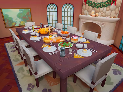 Cozy Dark Wooden Dining Table Set With White Chairs Food Dishes Arched Windows And Fireplace Decorations 3d model