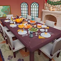 Cozy Dark Wooden Dining Table Set With White Chairs Food Dishes Arched Windows And Fireplace Decorations