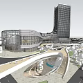 Modern Office Building With Tall Tower And Surrounding Green Spaces And Roads