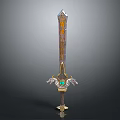 Ornate Decorative Sword Weapon With Gold Accents Green Gem And Wing Shaped Hilt
