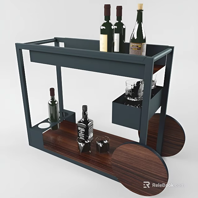 Stylish Modern Bar Cart With Storage Shelves Bottles Glasses And Wheels 3d model 