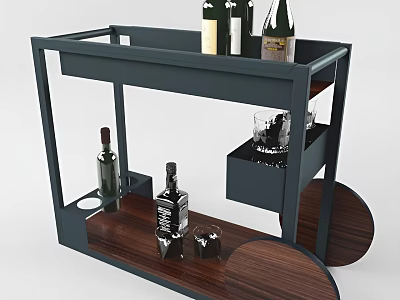 Stylish Modern Bar Cart With Storage Shelves Bottles Glasses And Wheels 3d model