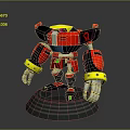 Red And Black Robot Character With Yellow Accents 3D Model Figurine On Transparent Base