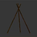 Rustic Wooden Tripod Frame Design With Horizontal Bar And Hanging Hooks 3d model