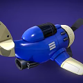 Blue and white toy fighter jet with propeller and single seat cockpit on blue background