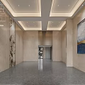 Modern Spacious Public Office Area With Glass Curtain Walls Marble Flooring And Art Paintings