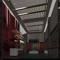 Hotel Lobby Interior Design With Stylish Ceiling Wooden Elements Chandelier And Reception Desk