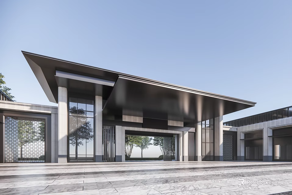 Elegant Modern Entrance Gate Design With Metal Canopy Glass Panels And Stone Facade 3d model 