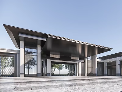 Elegant Modern Entrance Gate Design With Metal Canopy Glass Panels And Stone Facade 3d model