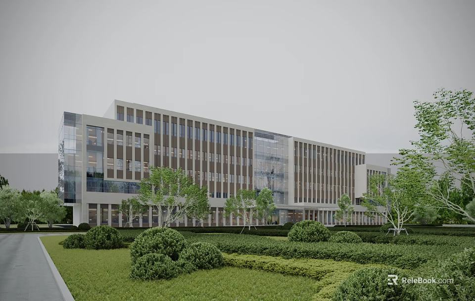 Modern Office Building With Glass Walls And Stone Facade Surrounded By Lawn Shrubs And Trees 3d model 