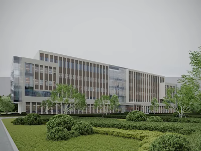 Modern Office Building With Glass Walls And Stone Facade Surrounded By Lawn Shrubs And Trees 3d model