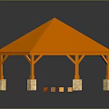 Orange Octagonal Outdoor Pavilion With Stone Columns And Reflective Ground Surface