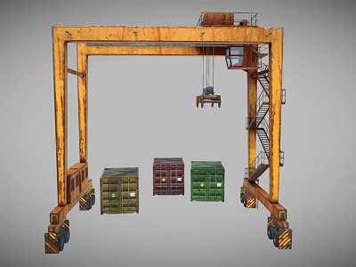 Yellow Industrial Gantry Crane With Rustic Metal Frame And Multicolored Containers Below 3d model