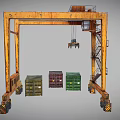 Yellow Industrial Gantry Crane With Rustic Metal Frame And Multicolored Containers Below