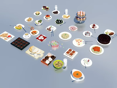 Diverse Assorted Food Collection with Cakes Sandwiches Fruits Desserts and Main Dishes 3d model